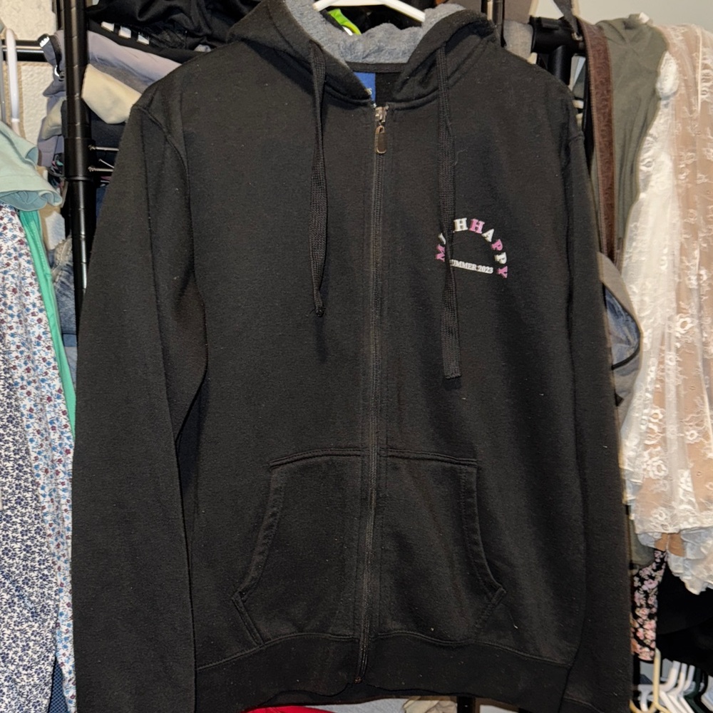 Black Zip-Up Hoodie with Pink Logo